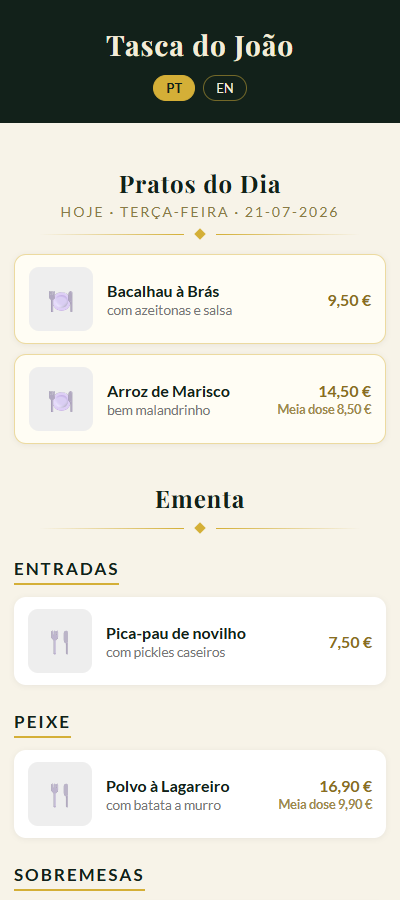 Ementa digital no telemóvel